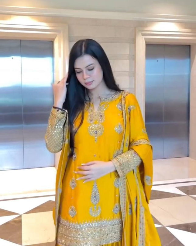 Chinon Silk Embroidery Sharara Set | Heavy Sequin Work | Fully Stitched 3-Piece | M–2XL - Rosepetals Luxe