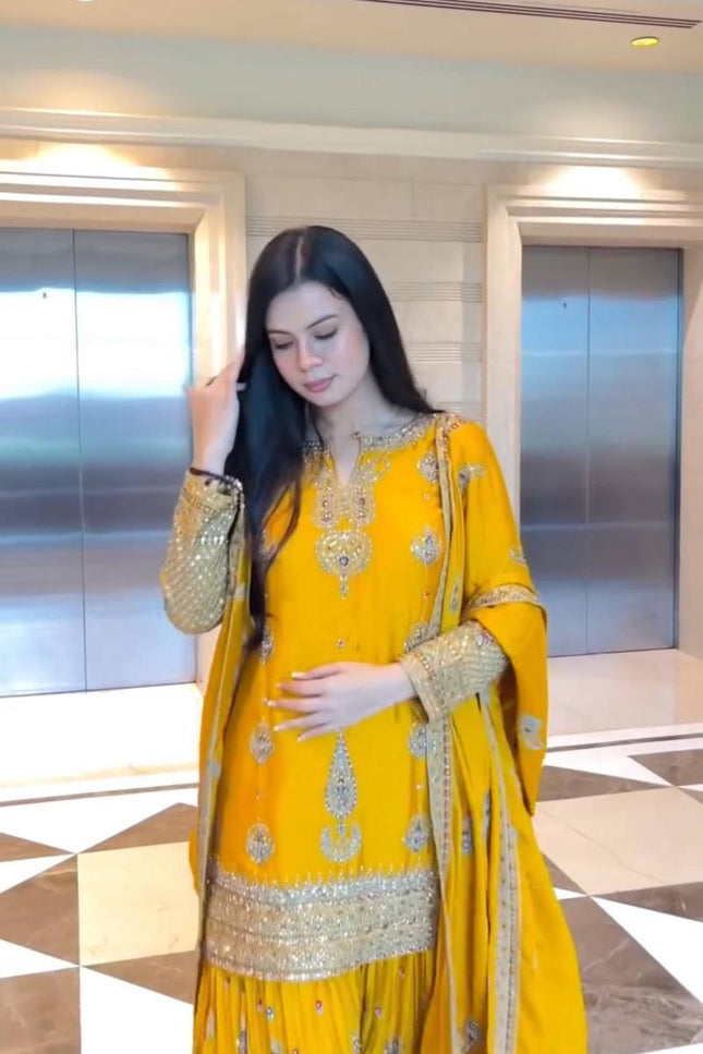 Chinon Silk Embroidery Sharara Set | Heavy Sequin Work | Fully Stitched 3-Piece | M–2XL - Rosepetals Luxe
