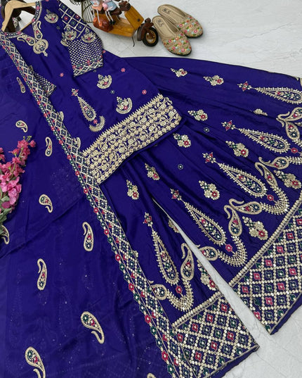 Chinon Silk Embroidery Sharara Set | Heavy Sequin Work | Fully Stitched 3-Piece | M–2XL - Rosepetals Luxe