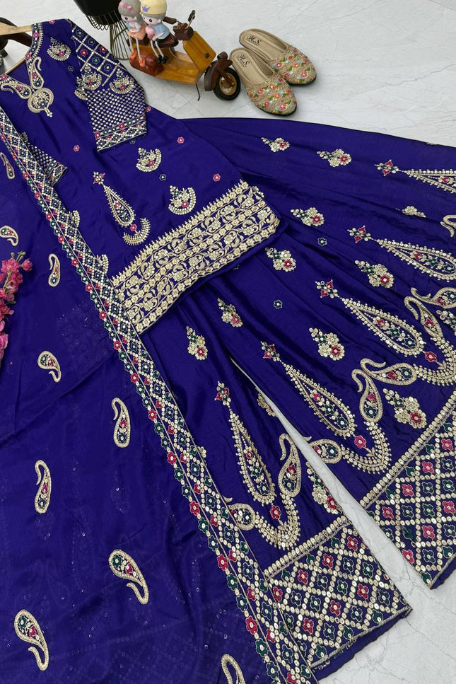 Chinon Silk Embroidery Sharara Set | Heavy Sequin Work | Fully Stitched 3-Piece | M–2XL - Rosepetals Luxe