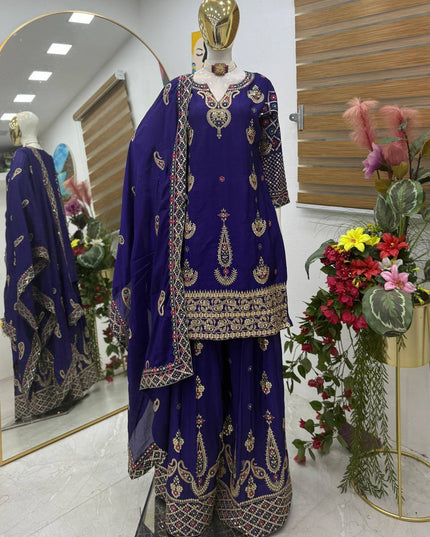 Chinon Silk Embroidery Sharara Set | Heavy Sequin Work | Fully Stitched 3-Piece | M–2XL - Rosepetals Luxe