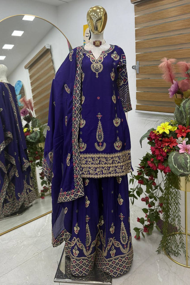 Chinon Silk Embroidery Sharara Set | Heavy Sequin Work | Fully Stitched 3-Piece | M–2XL - Rosepetals Luxe