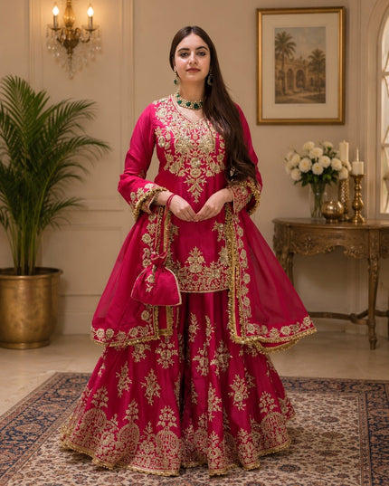 Chinon Silk Kurta Palazzo Set with Embroidered Dupatta | Thread & Sequence Work | Festive & Party Wear - Rosepetals Luxe