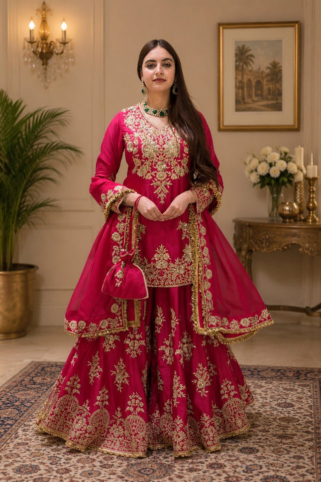 Chinon Silk Kurta Palazzo Set with Embroidered Dupatta | Thread & Sequence Work | Festive & Party Wear - Rosepetals Luxe