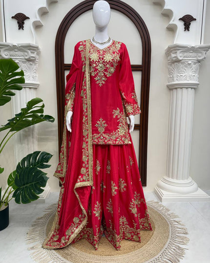 Chinon Silk Kurta Palazzo Set with Embroidered Dupatta | Thread & Sequence Work | Festive & Party Wear - Rosepetals Luxe