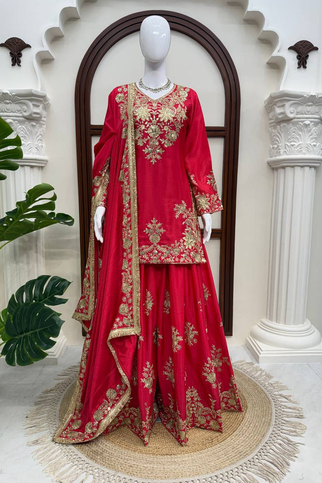 Chinon Silk Kurta Palazzo Set with Embroidered Dupatta | Thread & Sequence Work | Festive & Party Wear - Rosepetals Luxe