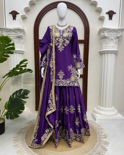 Chinon Silk Kurta Palazzo Set with Embroidered Dupatta | Thread & Sequence Work | Festive & Party Wear - Rosepetals Luxe