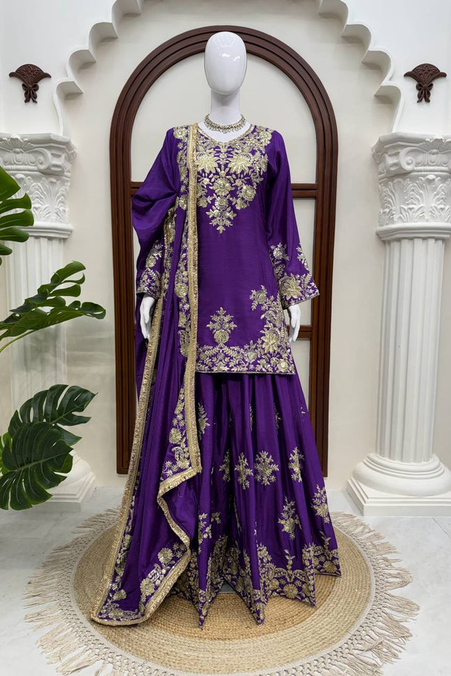 Chinon Silk Kurta Palazzo Set with Embroidered Dupatta | Thread & Sequence Work | Festive & Party Wear - Rosepetals Luxe
