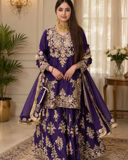 Chinon Silk Kurta Palazzo Set with Embroidered Dupatta | Thread & Sequence Work | Festive & Party Wear - Rosepetals Luxe