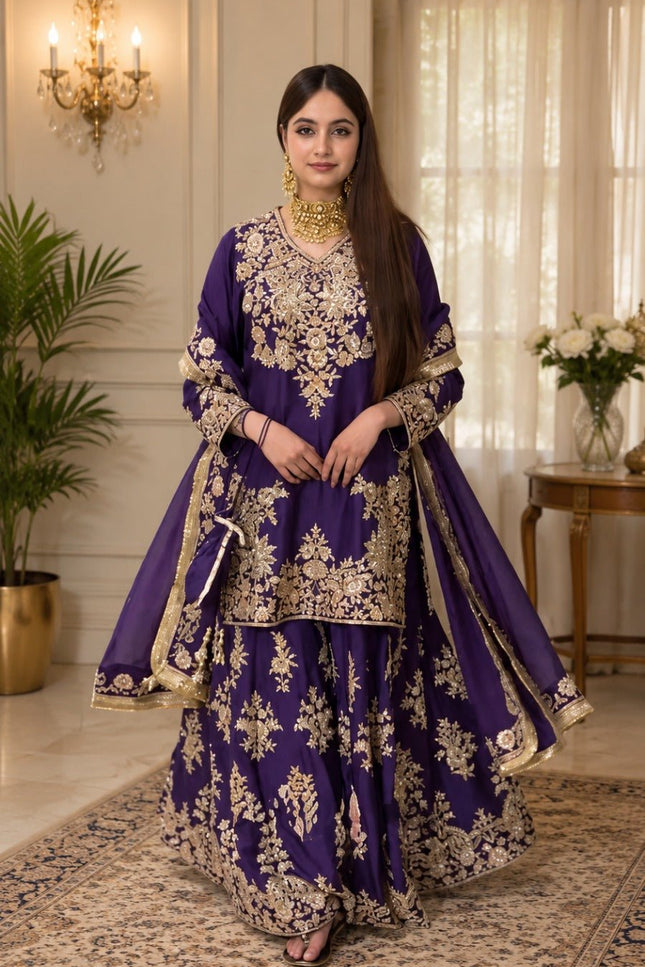 Chinon Silk Kurta Palazzo Set with Embroidered Dupatta | Thread & Sequence Work | Festive & Party Wear - Rosepetals Luxe