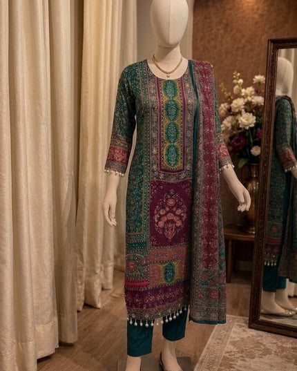 Chinon Silk Mirror Work Punjabi Suit | Digital Print & Butter Silk | Deep Forest Green - Rosepetals Luxe