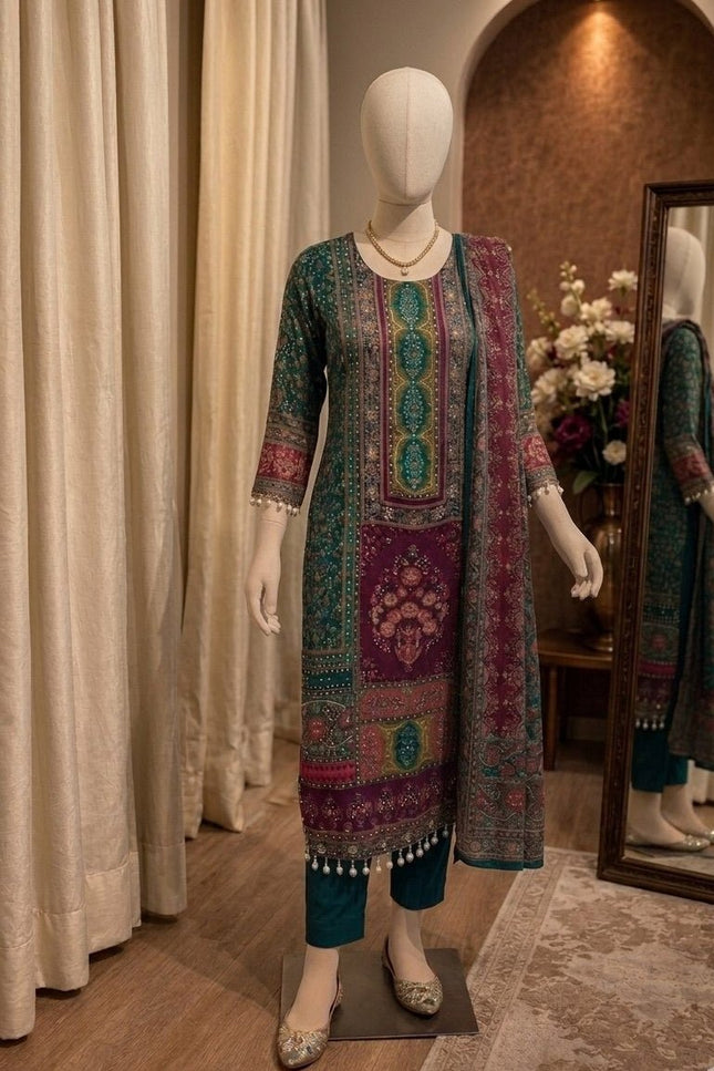 Chinon Silk Mirror Work Punjabi Suit | Digital Print & Butter Silk | Deep Forest Green - Rosepetals Luxe