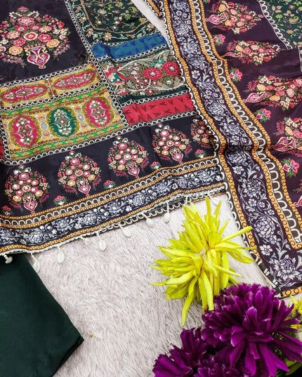 Chinon Silk Mirror Work Punjabi Suit | Digital Print & Butter Silk | Deep Forest Green - Rosepetals Luxe