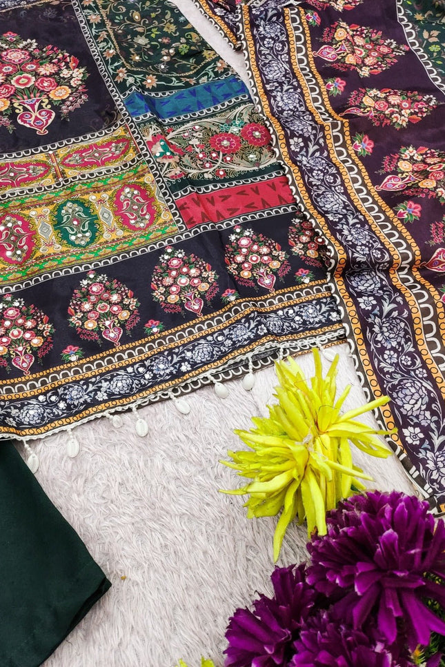 Chinon Silk Mirror Work Punjabi Suit | Digital Print & Butter Silk | Deep Forest Green - Rosepetals Luxe