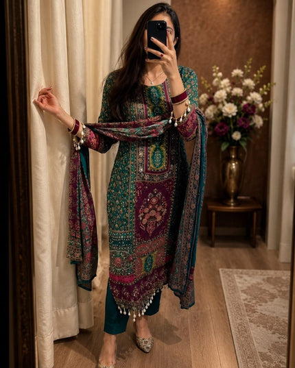 Chinon Silk Mirror Work Punjabi Suit | Digital Print & Butter Silk | Deep Forest Green - Rosepetals Luxe