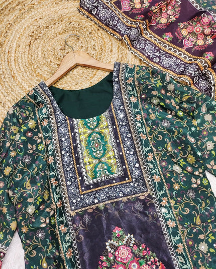 Chinon Silk Mirror Work Punjabi Suit | Digital Print & Butter Silk | Deep Forest Green - Rosepetals Luxe