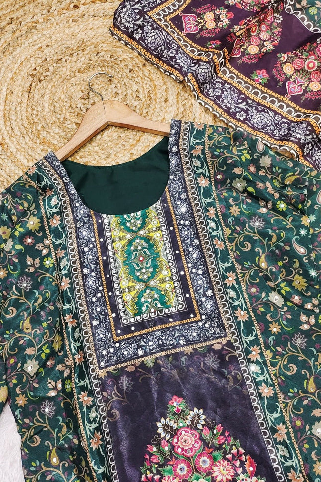 Chinon Silk Mirror Work Punjabi Suit | Digital Print & Butter Silk | Deep Forest Green - Rosepetals Luxe