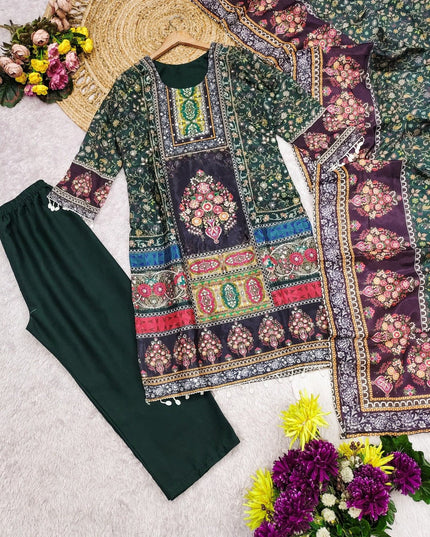 Chinon Silk Mirror Work Punjabi Suit | Digital Print & Butter Silk | Deep Forest Green - Rosepetals Luxe