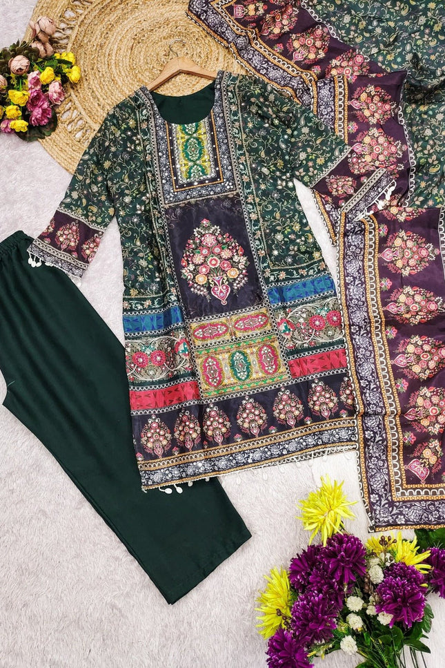 Chinon Silk Mirror Work Punjabi Suit | Digital Print & Butter Silk | Deep Forest Green - Rosepetals Luxe