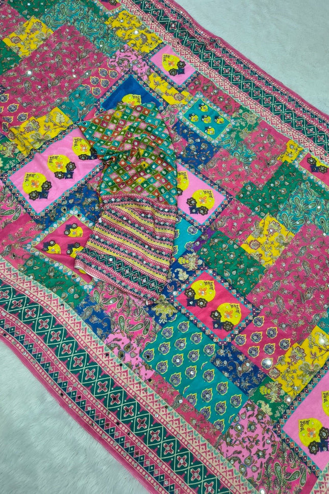 Chinon Silk Mirror Work Saree | Real Mirror & Lace Pallu | Festive & Wedding - Rosepetals Luxe