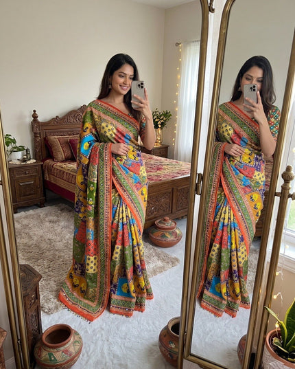 Chinon Silk Mirror Work Saree | Real Mirror & Lace Pallu | Festive & Wedding - Rosepetals Luxe