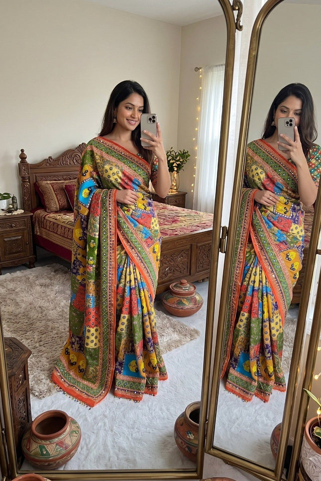 Chinon Silk Mirror Work Saree | Real Mirror & Lace Pallu | Festive & Wedding - Rosepetals Luxe
