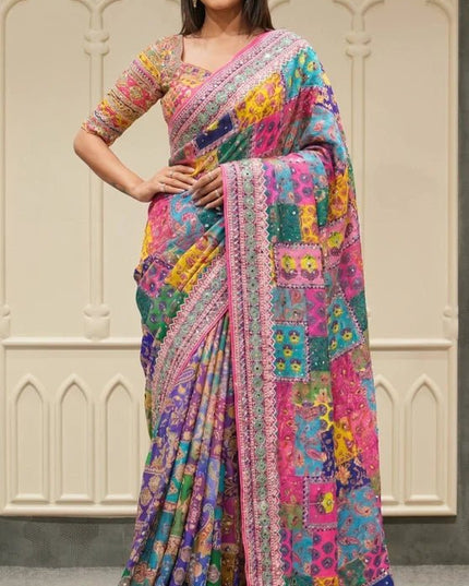 Chinon Silk Mirror Work Saree | Real Mirror & Lace Pallu | Festive & Wedding - Rosepetals Luxe