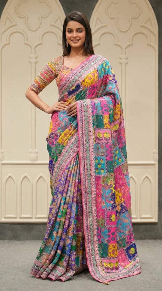 Chinon Silk Mirror Work Saree | Real Mirror & Lace Pallu | Festive & Wedding - Rosepetals Luxe
