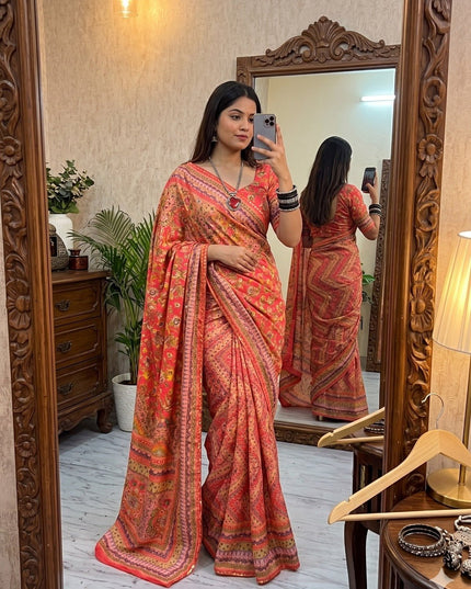 Chinon Silk Printed Saree – Gold Zari, Real Mirror & Chakri Diamond Work | Festive & Party Wear - Rosepetals Luxe