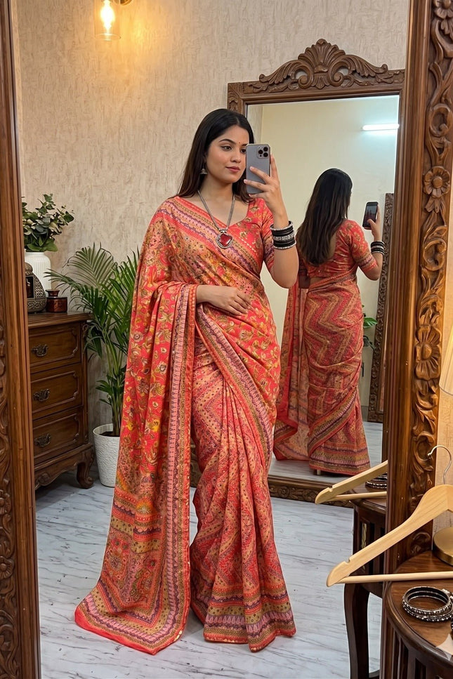 Chinon Silk Printed Saree – Gold Zari, Real Mirror & Chakri Diamond Work | Festive & Party Wear - Rosepetals Luxe