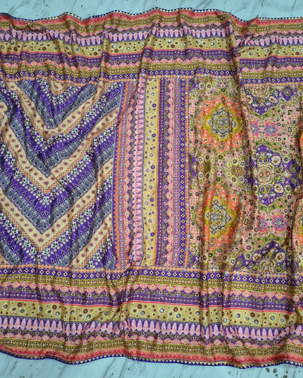 Chinon Silk Printed Saree – Gold Zari, Real Mirror & Chakri Diamond Work | Festive & Party Wear - Rosepetals Luxe