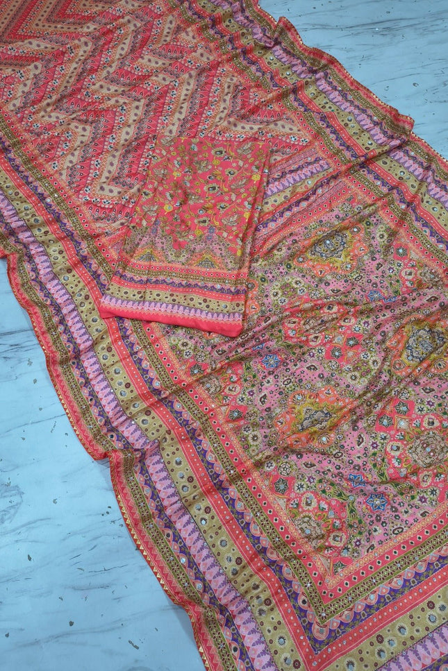 Chinon Silk Printed Saree – Gold Zari, Real Mirror & Chakri Diamond Work | Festive & Party Wear - Rosepetals Luxe
