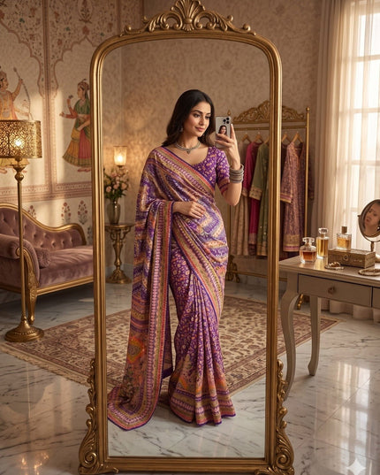Chinon Silk Printed Saree – Gold Zari, Real Mirror & Chakri Diamond Work | Festive & Party Wear - Rosepetals Luxe