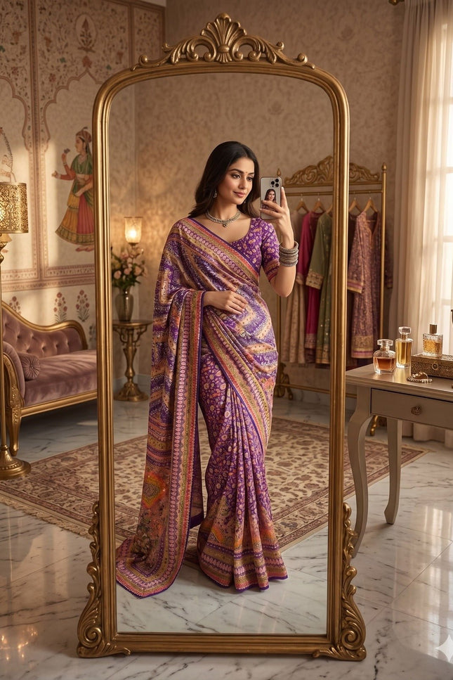 Chinon Silk Printed Saree – Gold Zari, Real Mirror & Chakri Diamond Work | Festive & Party Wear - Rosepetals Luxe