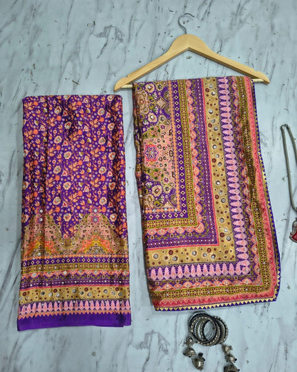 Chinon Silk Printed Saree – Gold Zari, Real Mirror & Chakri Diamond Work | Festive & Party Wear - Rosepetals Luxe