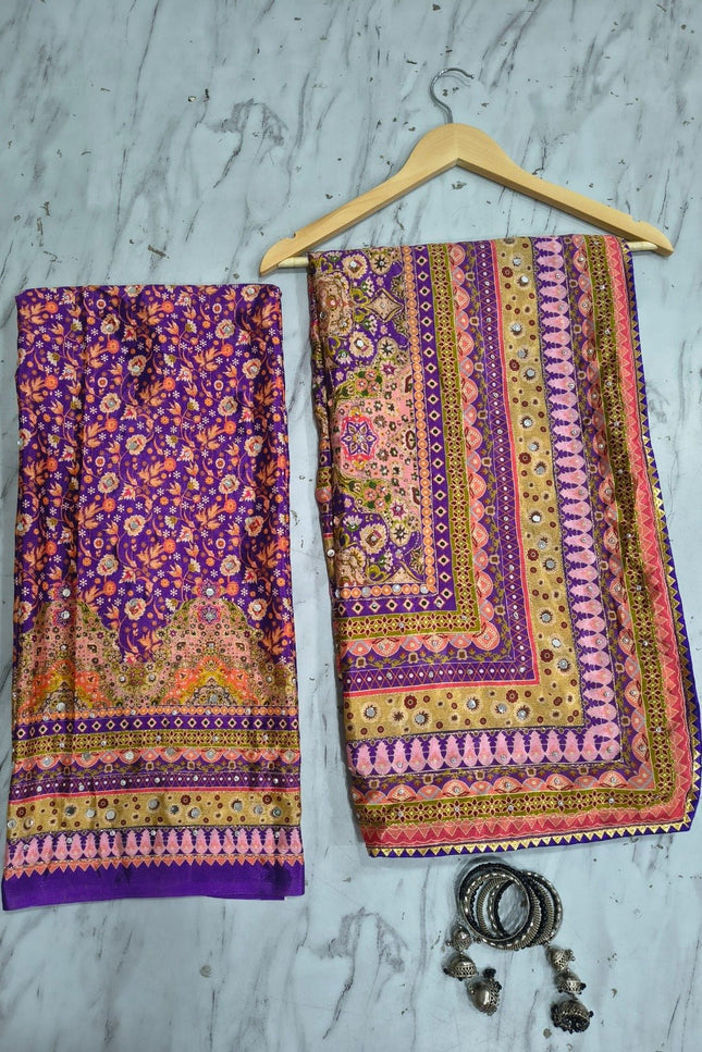 Chinon Silk Printed Saree – Gold Zari, Real Mirror & Chakri Diamond Work | Festive & Party Wear - Rosepetals Luxe