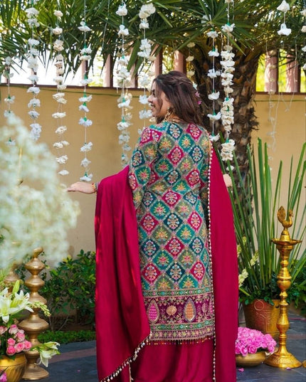 Chinon Silk Sharara Suit Set | Aari & Mirror Work Kurta with Pearl Trim Dupatta | Women's Designer Festive Wear - Rosepetals Luxe
