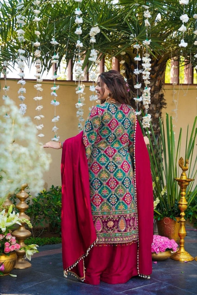 Chinon Silk Sharara Suit Set | Aari & Mirror Work Kurta with Pearl Trim Dupatta | Women's Designer Festive Wear - Rosepetals Luxe