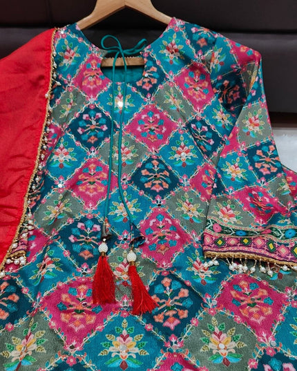 Chinon Silk Sharara Suit Set | Aari & Mirror Work Kurta with Pearl Trim Dupatta | Women's Designer Festive Wear - Rosepetals Luxe