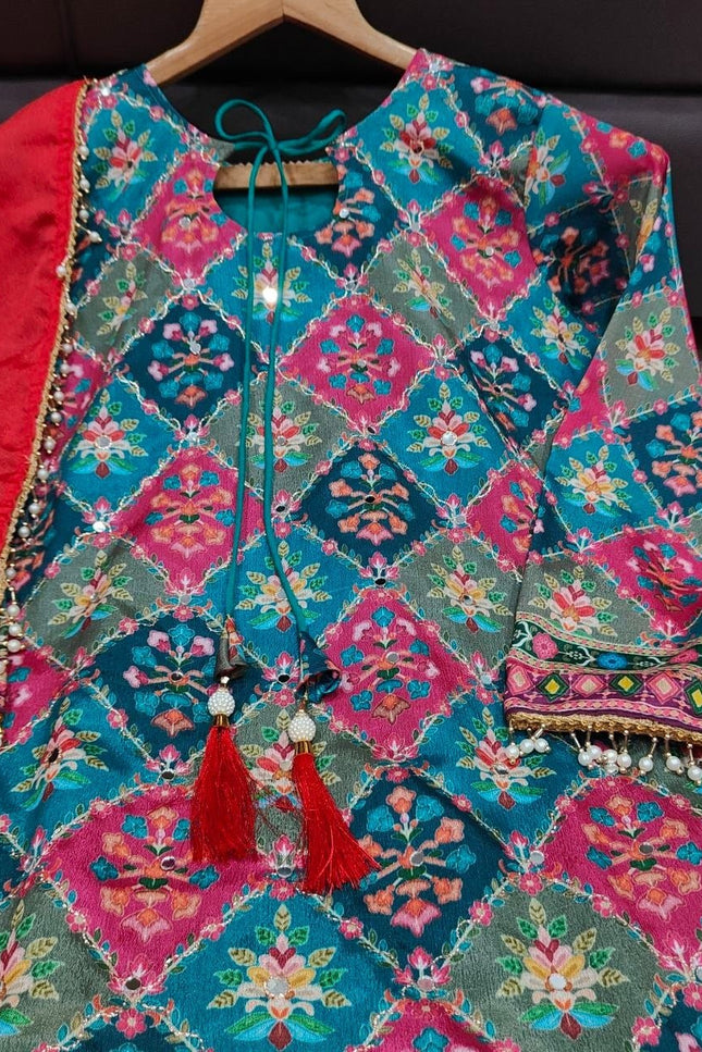 Chinon Silk Sharara Suit Set | Aari & Mirror Work Kurta with Pearl Trim Dupatta | Women's Designer Festive Wear - Rosepetals Luxe