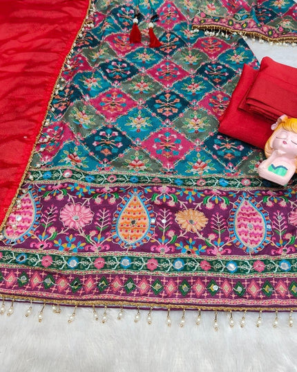 Chinon Silk Sharara Suit Set | Aari & Mirror Work Kurta with Pearl Trim Dupatta | Women's Designer Festive Wear - Rosepetals Luxe