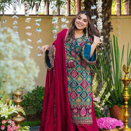 Chinon Silk Sharara Suit Set | Aari & Mirror Work Kurta with Pearl Trim Dupatta | Women's Designer Festive Wear - Rosepetals Luxe