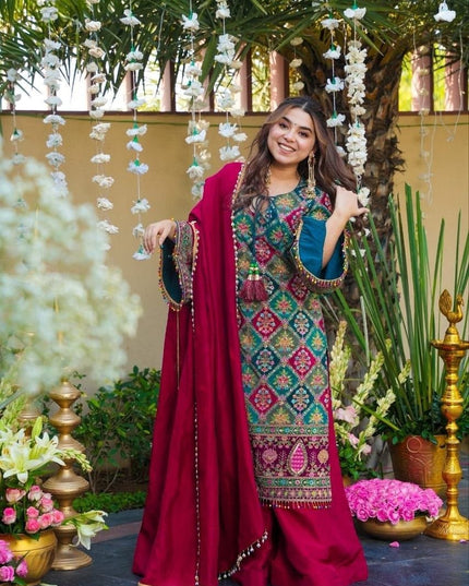 Chinon Silk Sharara Suit Set | Aari & Mirror Work Kurta with Pearl Trim Dupatta | Women's Designer Festive Wear - Rosepetals Luxe