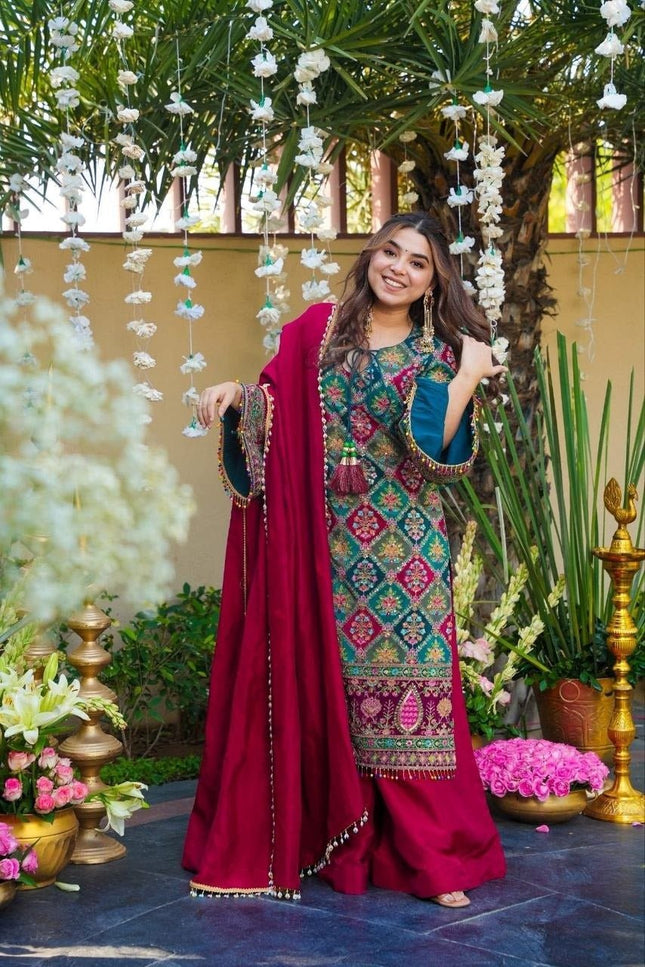Chinon Silk Sharara Suit Set | Aari & Mirror Work Kurta with Pearl Trim Dupatta | Women's Designer Festive Wear - Rosepetals Luxe