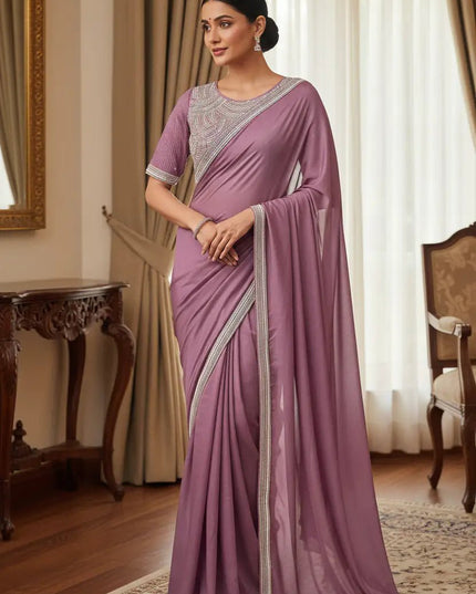 Chocolate Silk Beads Embroidery Saree | Lace Border With Piping & Stitched Blouse | Rosepetals Luxe - Rosepetals Luxe