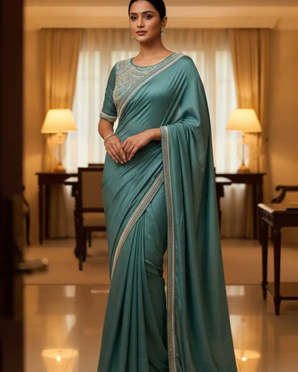 Chocolate Silk Beads Embroidery Saree | Lace Border With Piping & Stitched Blouse | Rosepetals Luxe - Rosepetals Luxe