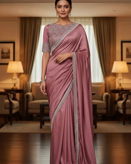 Chocolate Silk Beads Embroidery Saree | Lace Border With Piping & Stitched Blouse | Rosepetals Luxe - Rosepetals Luxe