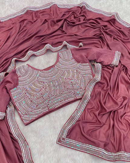 Chocolate Silk Beads Embroidery Saree | Lace Border With Piping & Stitched Blouse | Rosepetals Luxe - Rosepetals Luxe