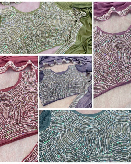 Chocolate Silk Beads Embroidery Saree | Lace Border With Piping & Stitched Blouse | Rosepetals Luxe - Rosepetals Luxe