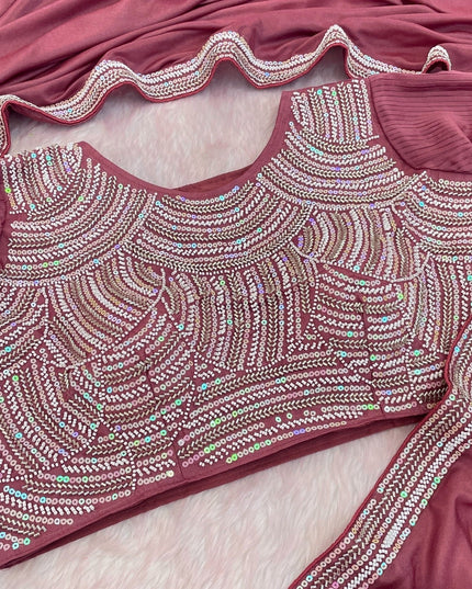 Chocolate Silk Beads Embroidery Saree | Lace Border With Piping & Stitched Blouse | Rosepetals Luxe - Rosepetals Luxe